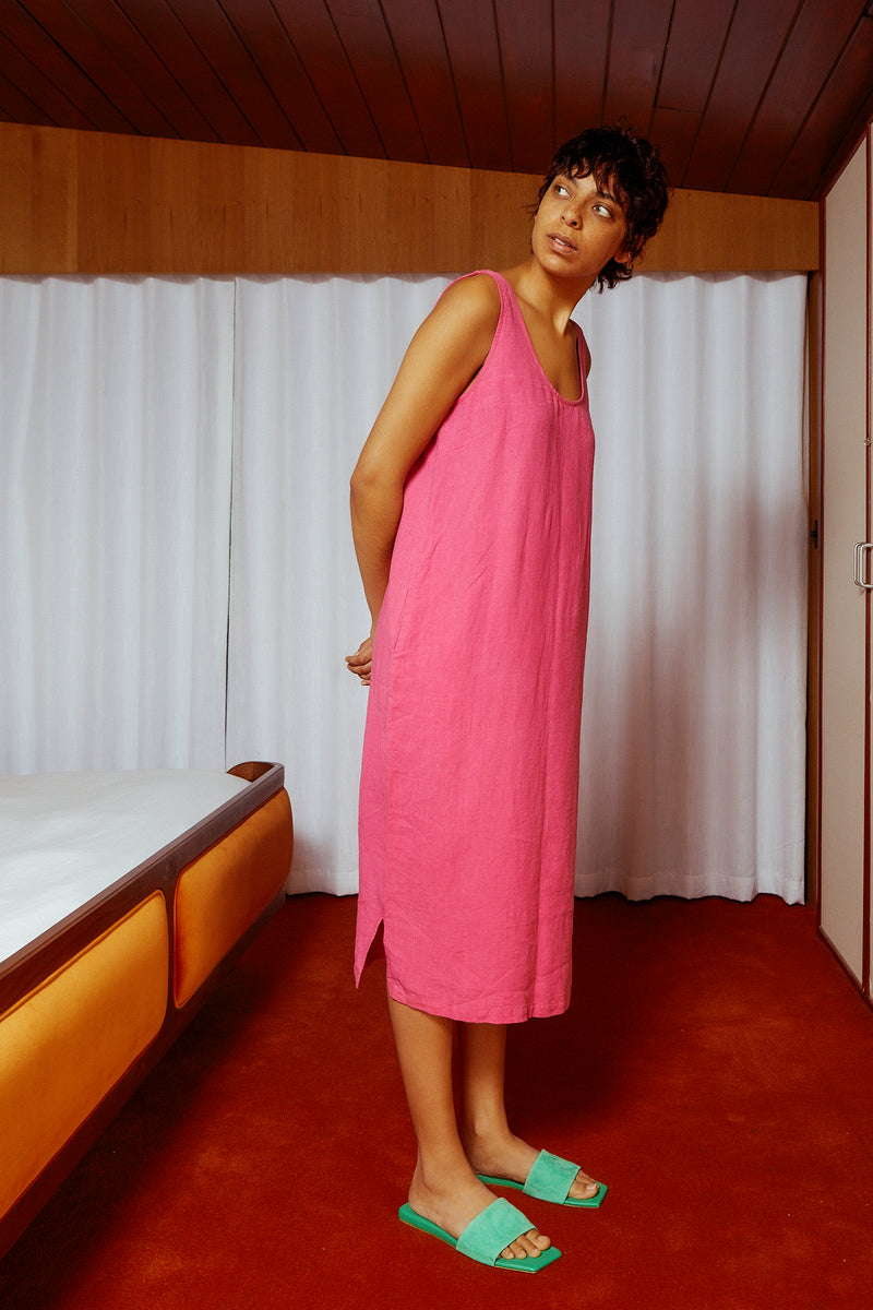 Basic Linen Shift Dress Fuchsia