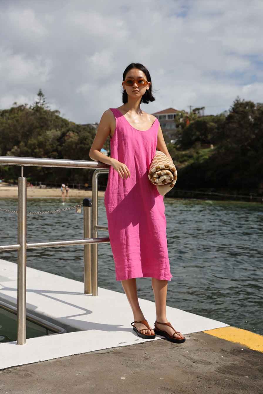Basic Linen Shift Dress Fuchsia