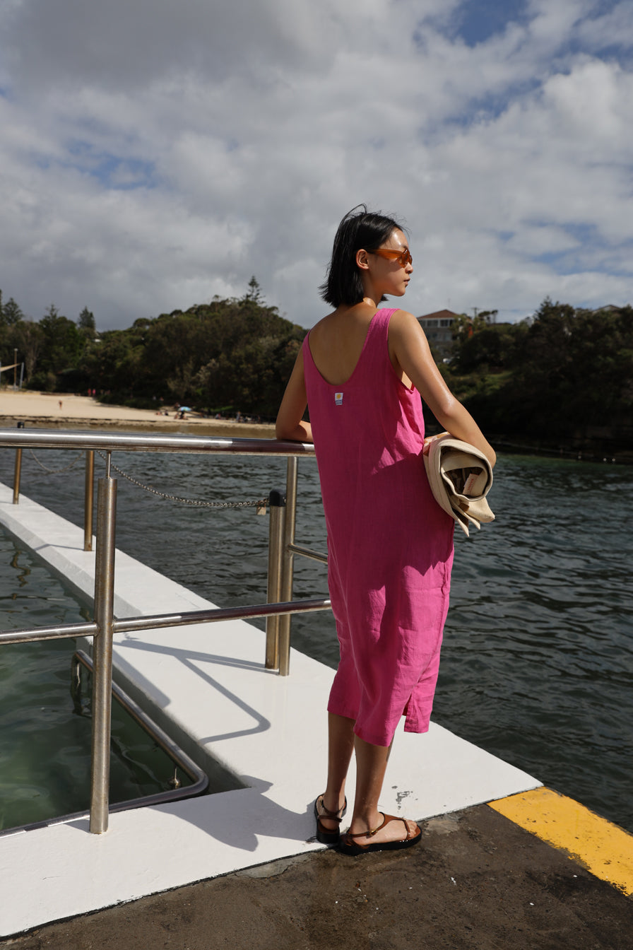 Basic Linen Shift Dress Fuchsia