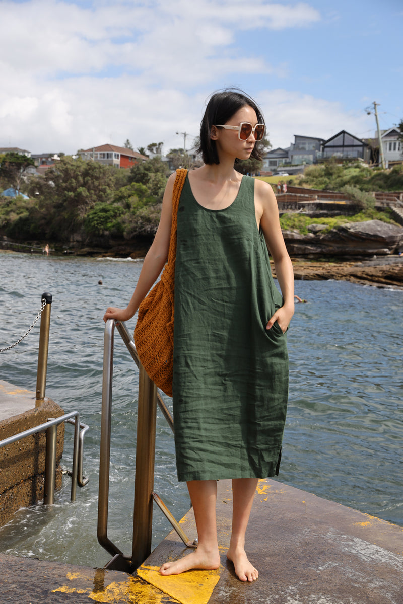 Basic Linen Shift Dress Hunter Green