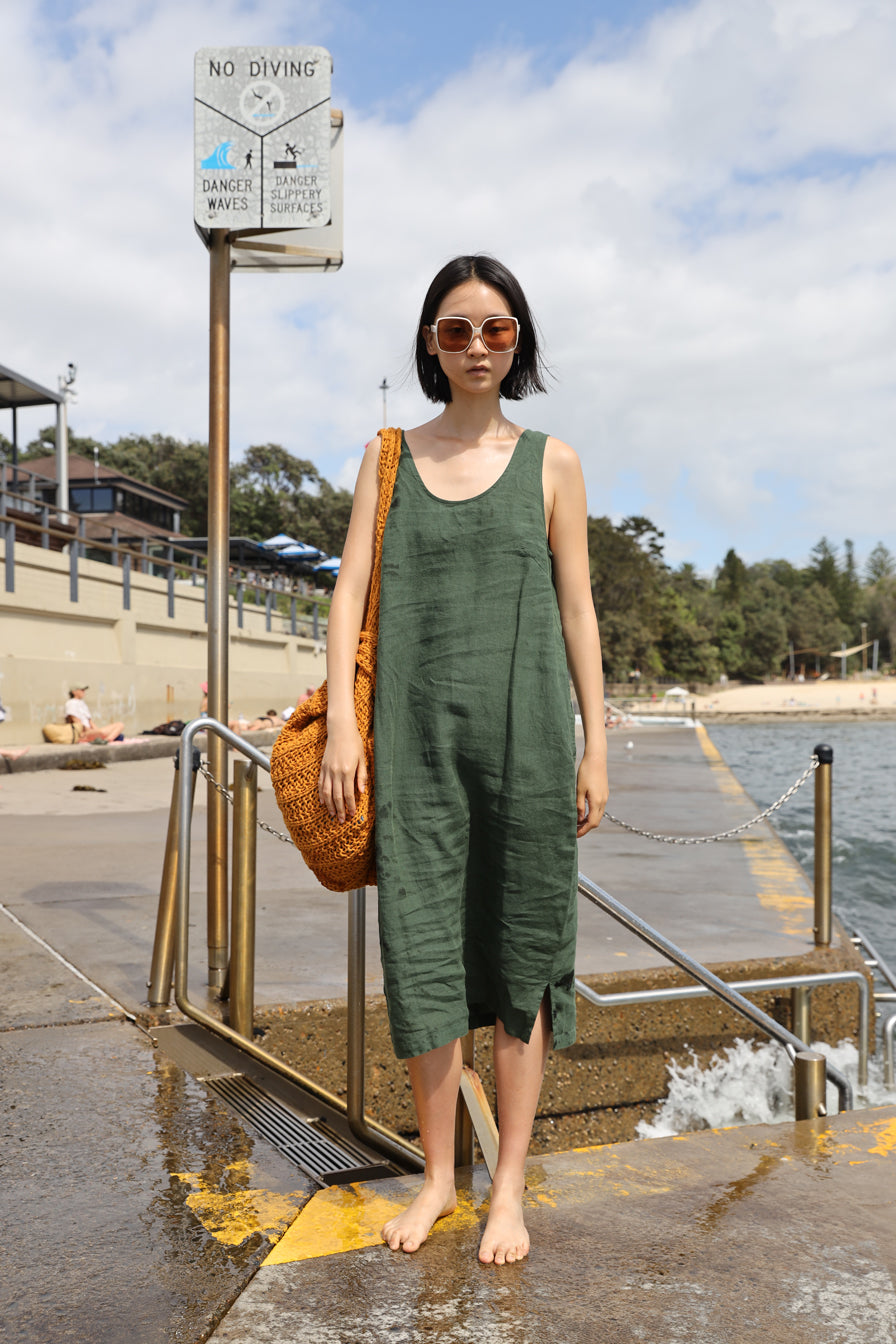 Basic Linen Shift Dress Hunter Green
