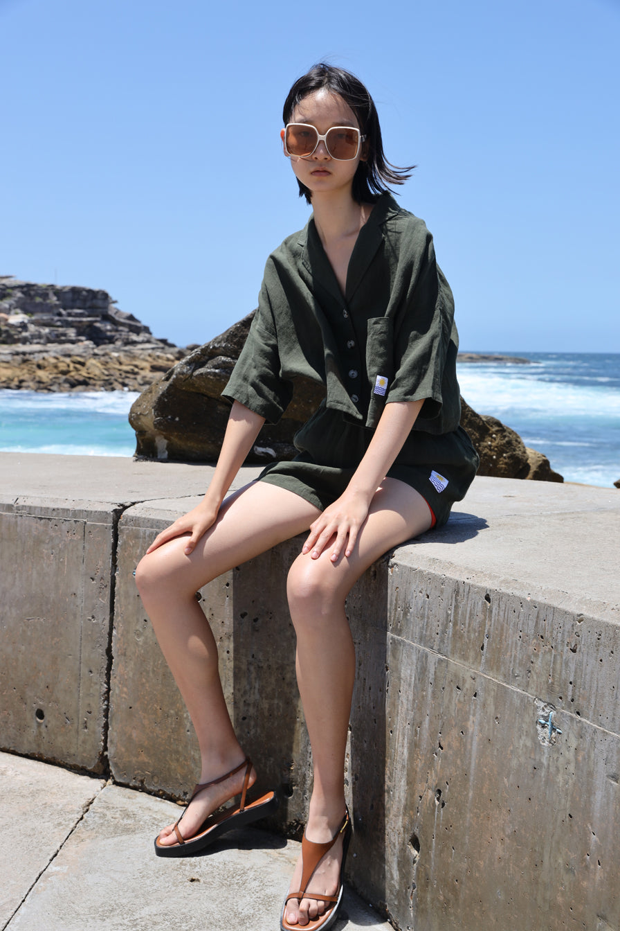 Basic Linen Shorts Hunter Green